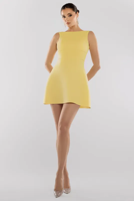 Boatneck Open Back Scuba Mini Dress - Lemon by Goddiva sold by Goddiva