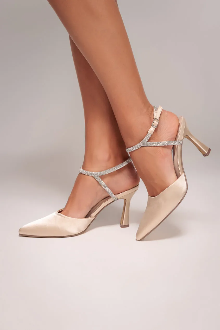 Diamante Embellished Satin Slingback Court Heels - Nude Satin by Goddiva sold by Goddiva product image thumbnail 4