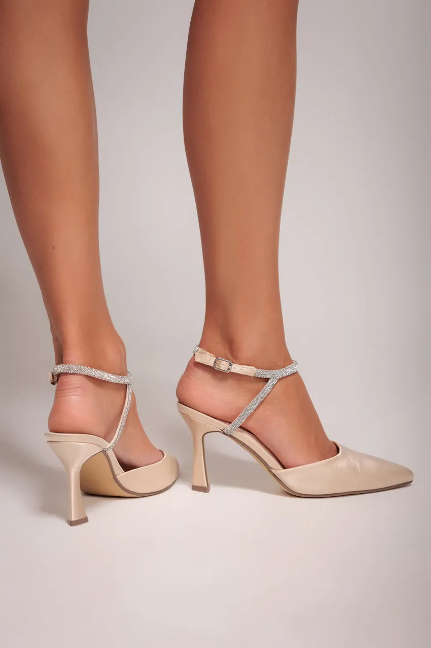 Diamante Embellished Satin Slingback Court Heels - Nude Satin by Goddiva sold by Goddiva product image thumbnail 2