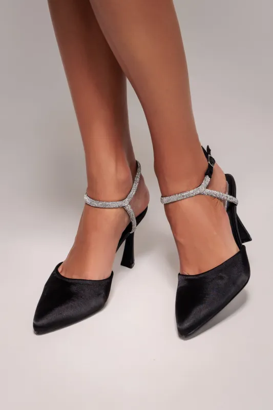 Diamante Embellished Satin Slingback Court Heels - Black Satin by Goddiva sold by Goddiva