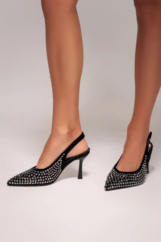 Rhinestone Slingback Heeled Court Shoes - Black by Goddiva sold by Goddiva