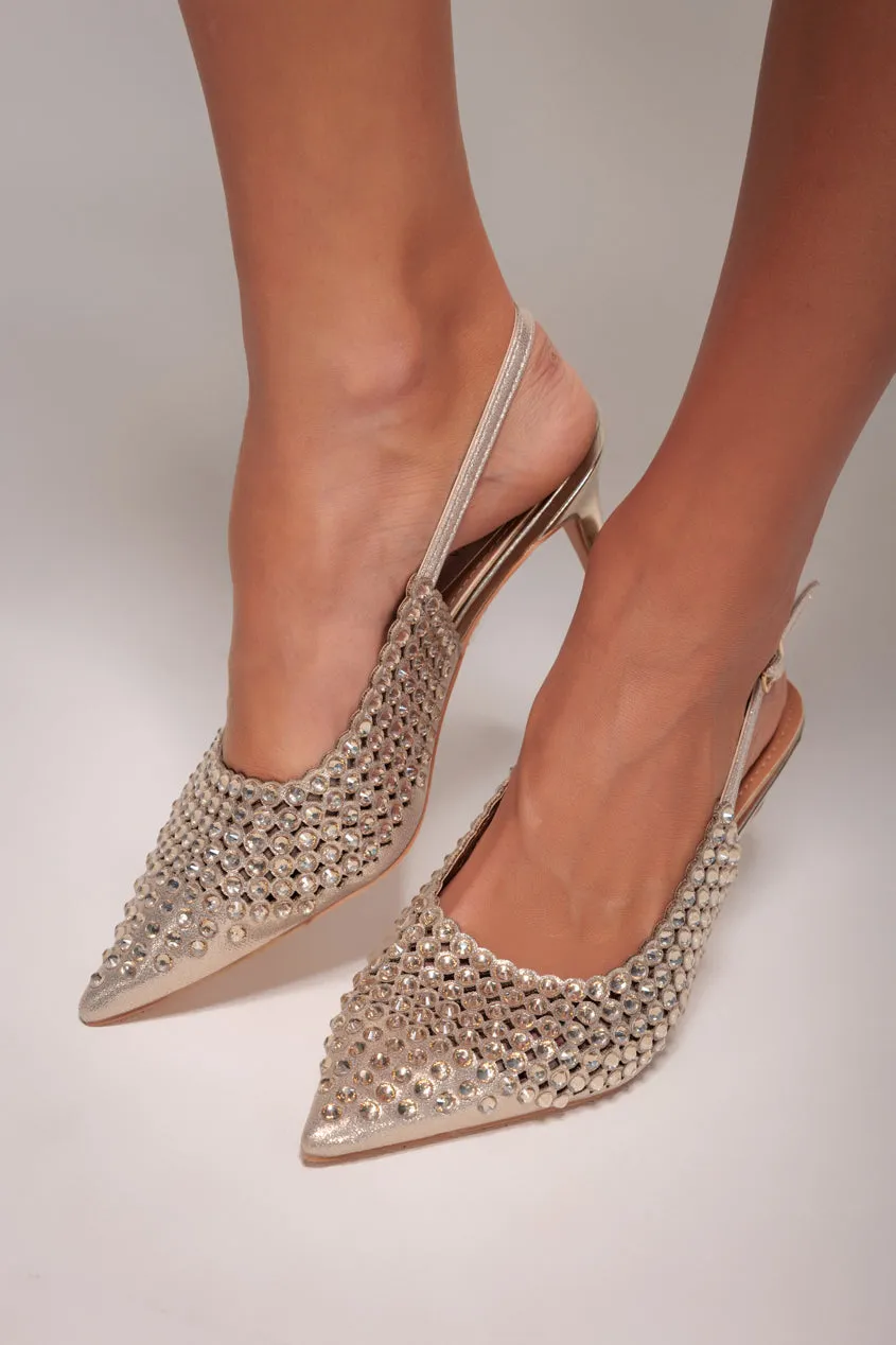 Pearl Embellished Slingback Heeled Court Shoes - Gold by Goddiva sold by Goddiva product image thumbnail 4