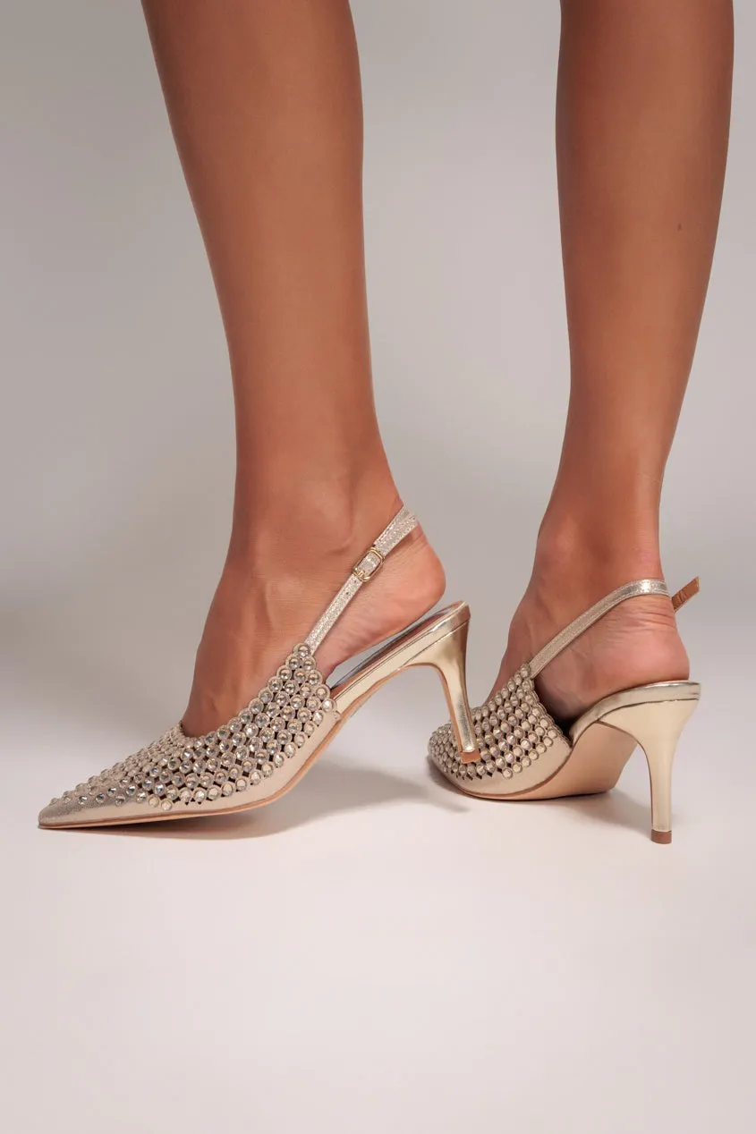 Pearl Embellished Slingback Heeled Court Shoes - Gold by Goddiva sold by Goddiva product image thumbnail 2