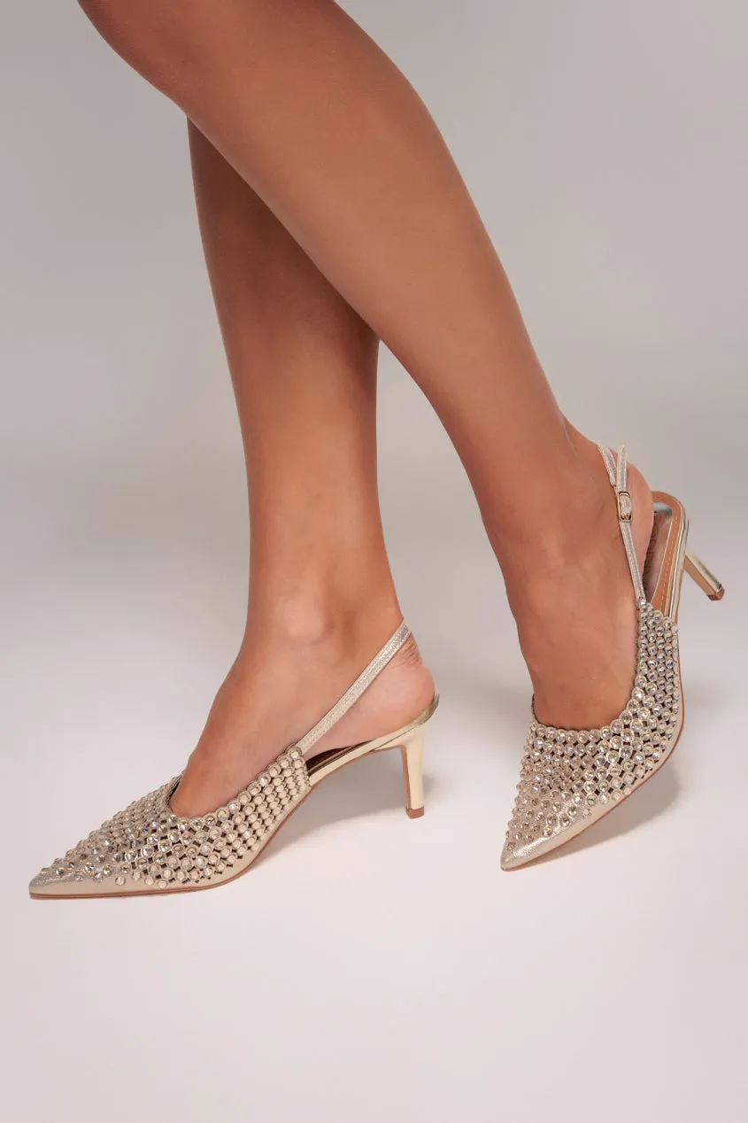 Pearl Embellished Slingback Heeled Court Shoes - Gold by Goddiva sold by Goddiva product image thumbnail 3