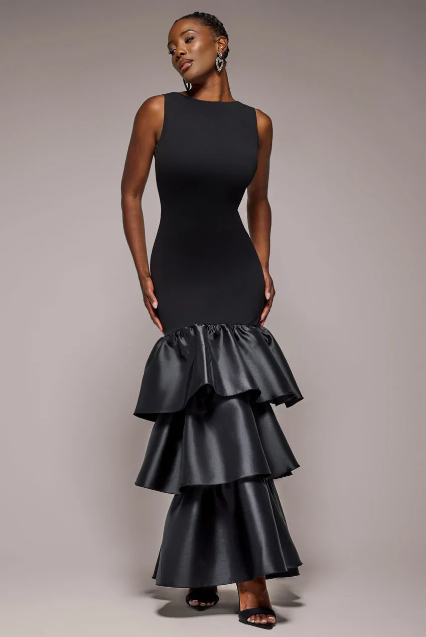 Boat Neck Satin & Scuba Crepe Tiered Maxi Dress - Black by Goddiva sold by Goddiva