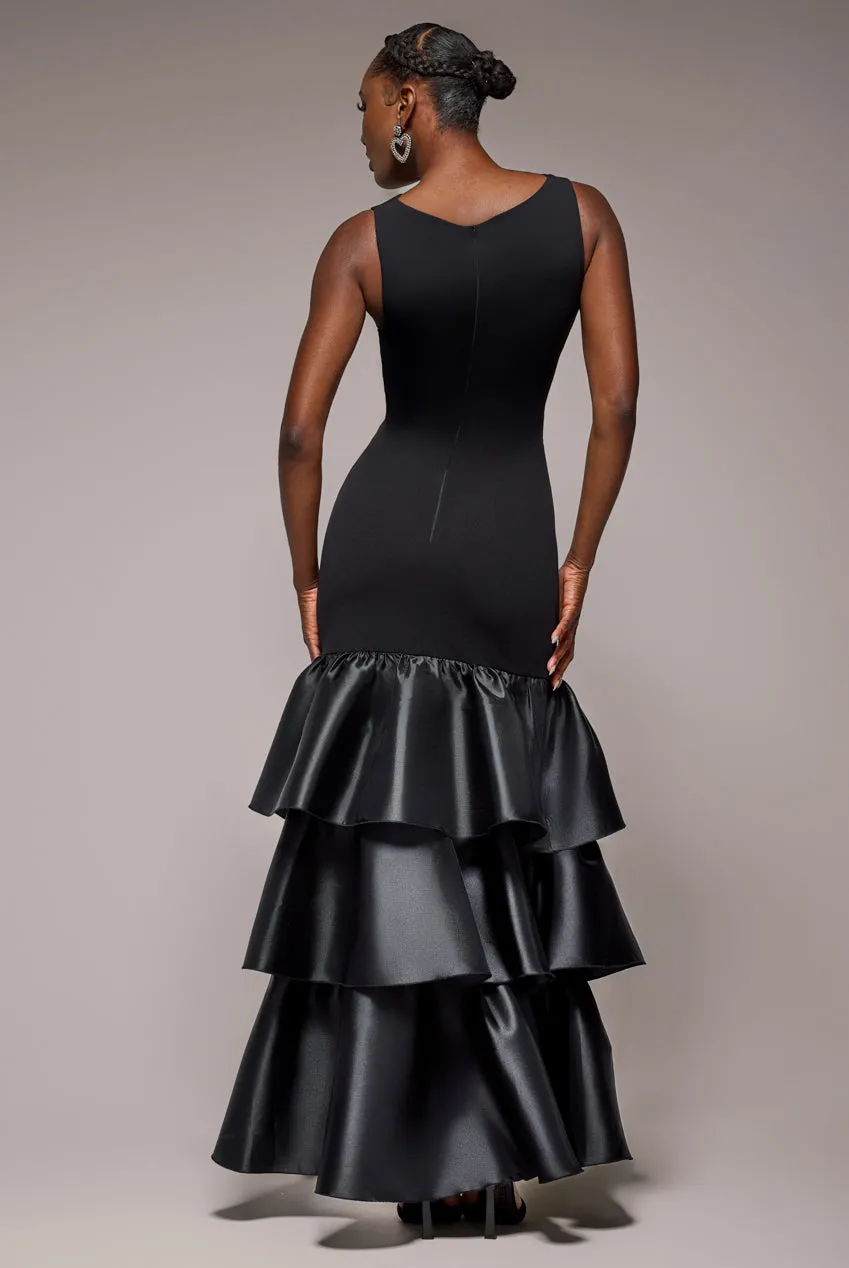 Boat Neck Satin & Scuba Crepe Tiered Maxi Dress - Black by Goddiva sold by Goddiva product image thumbnail 2