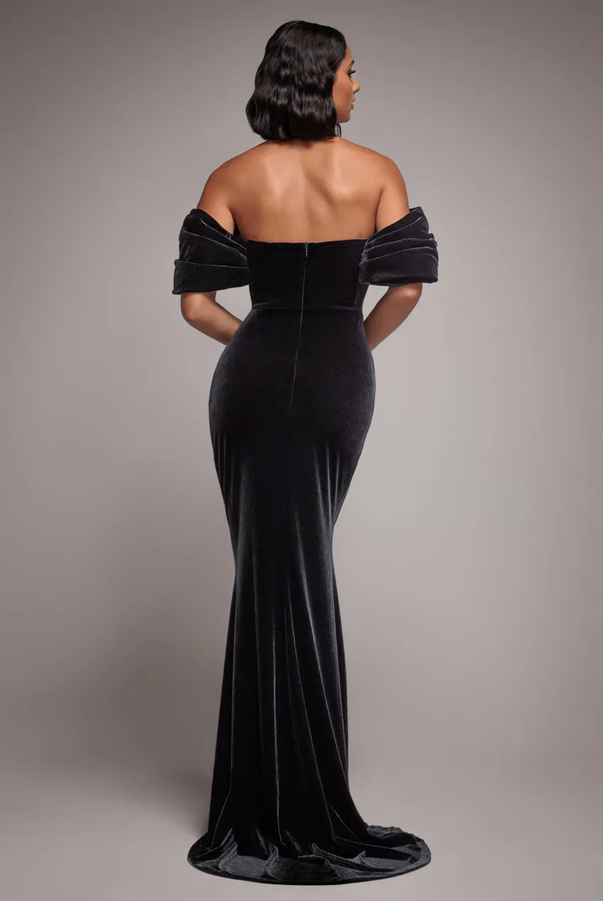 Off The Shoulder Deep Plunge Velvet Maxi Dress - Black by Goddiva sold by Goddiva product image thumbnail 2