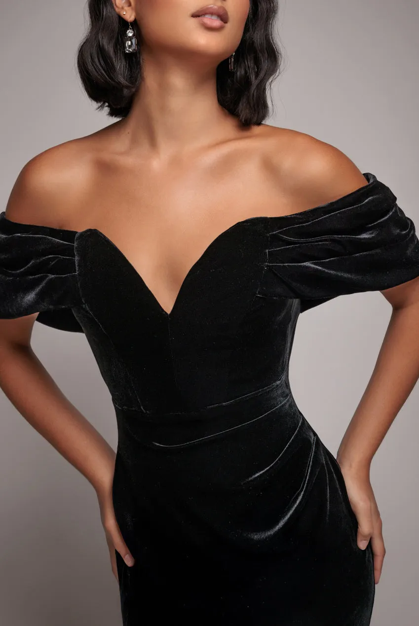 Off The Shoulder Deep Plunge Velvet Maxi Dress - Black by Goddiva sold by Goddiva product image thumbnail 3