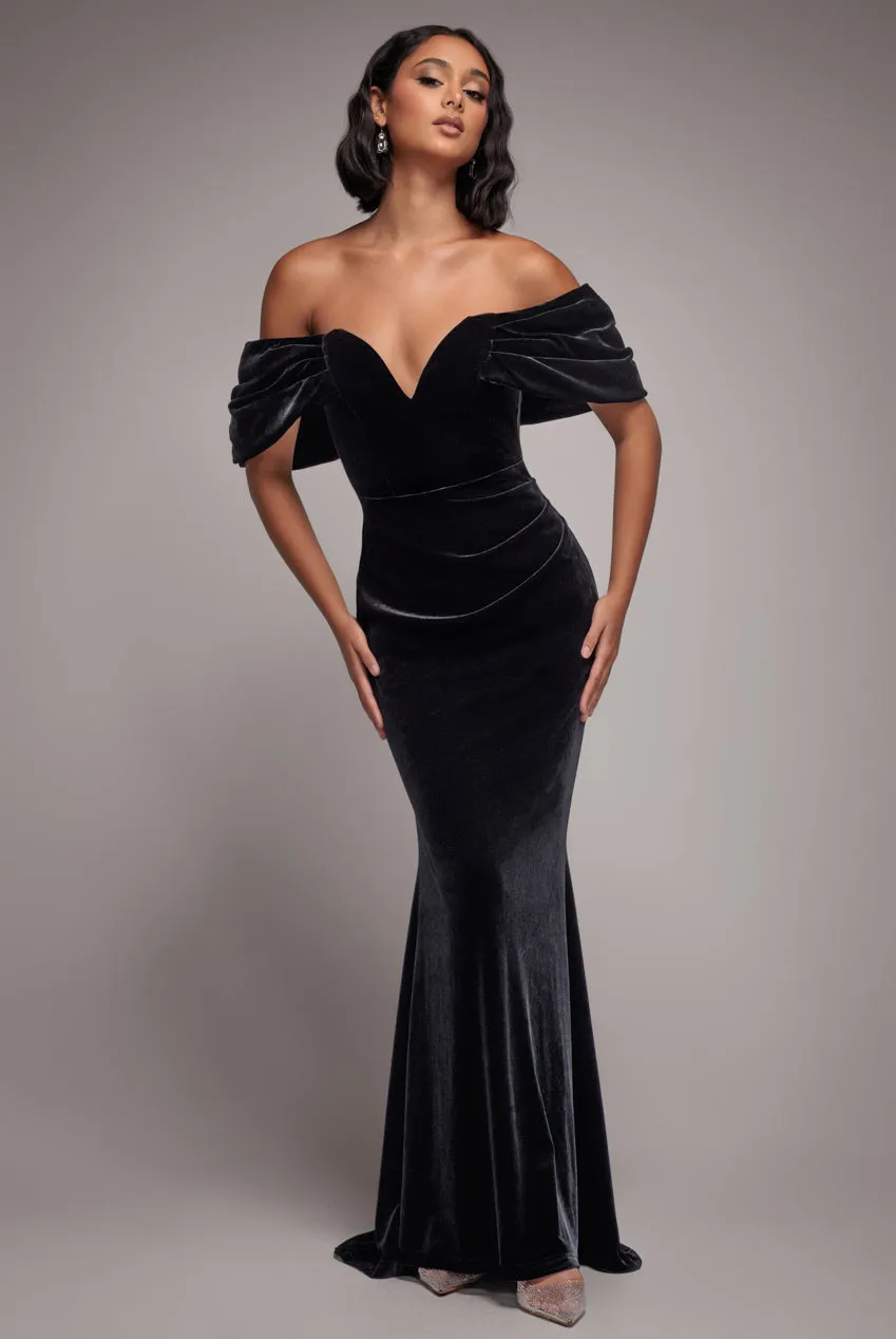 Off The Shoulder Deep Plunge Velvet Maxi Dress - Black by Goddiva sold by Goddiva