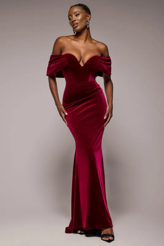 Off The Shoulder Deep Plunge Velvet Maxi Dress - Burgundy by Goddiva sold by Goddiva