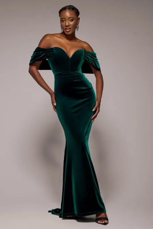 Off The Shoulder Deep Plunge Velvet Maxi Dress - Emerald Green by Goddiva sold by Goddiva