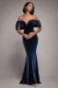 Off The Shoulder Deep Plunge Velvet Maxi Dress - Navy Blue by Goddiva sold by Goddiva