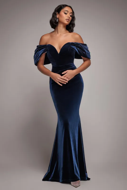 Off The Shoulder Deep Plunge Velvet Maxi Dress - Navy Blue by Goddiva sold by Goddiva