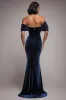 Off The Shoulder Deep Plunge Velvet Maxi Dress - Navy Blue by Goddiva sold by Goddiva