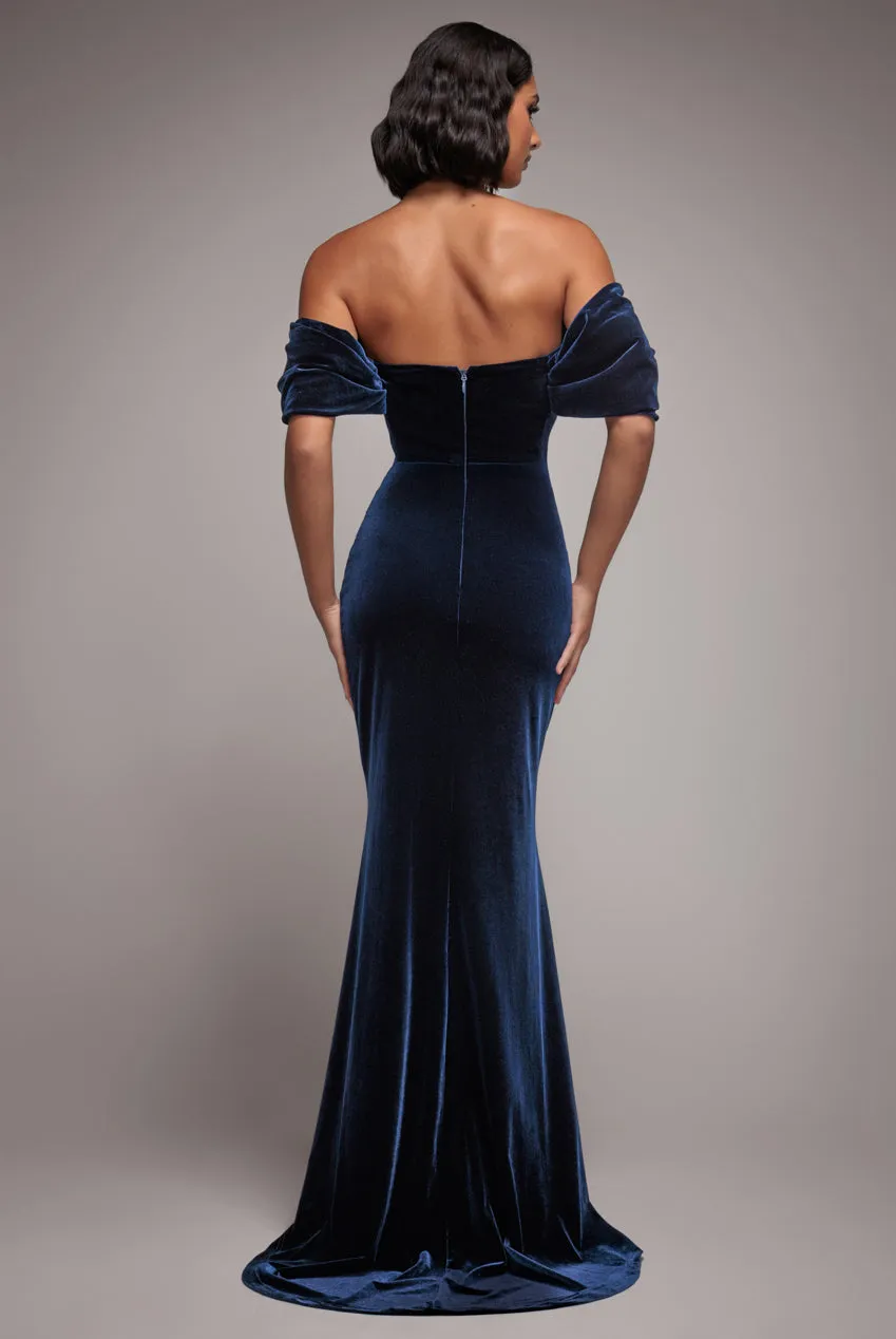 Off The Shoulder Deep Plunge Velvet Maxi Dress - Navy Blue by Goddiva sold by Goddiva product image thumbnail 2