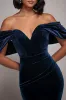 Off The Shoulder Deep Plunge Velvet Maxi Dress - Navy Blue by Goddiva sold by Goddiva