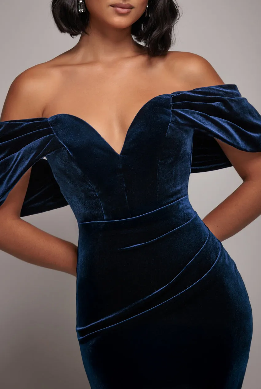 Off The Shoulder Deep Plunge Velvet Maxi Dress - Navy Blue by Goddiva sold by Goddiva product image thumbnail 3