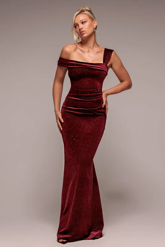 Glitter Polka Dot Velvet One Shoulder Maxi Dress - Wine by Goddiva sold by Goddiva