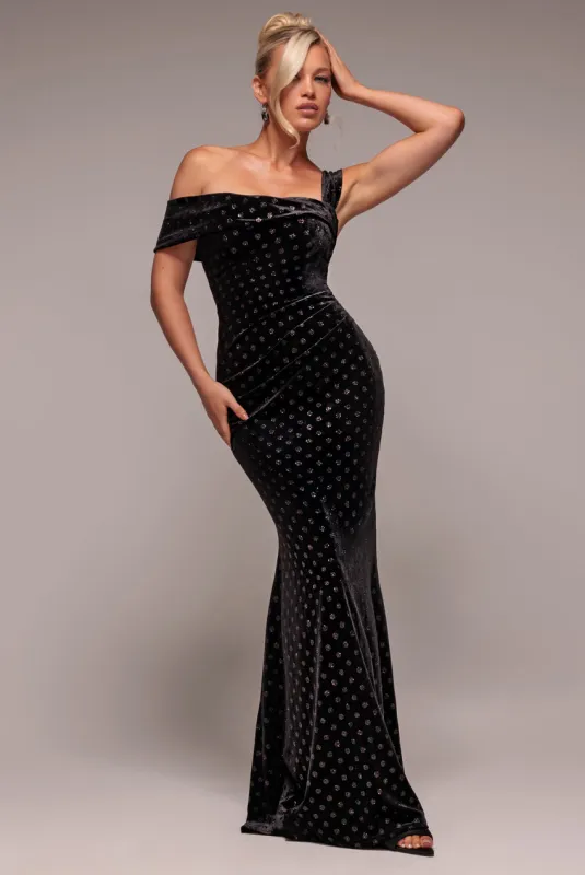Glitter Polka Dot Velvet One Shoulder Maxi Dress - Black by Goddiva sold by Goddiva