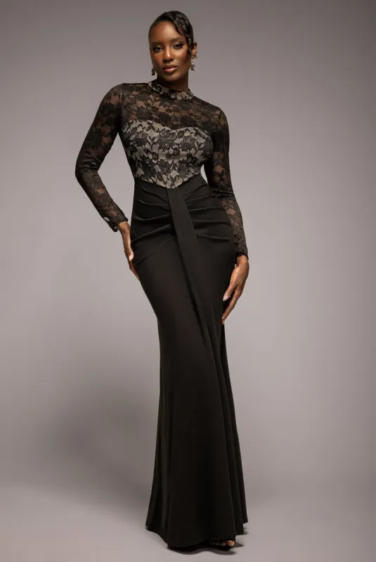 Lace High Neck Sheer Bodice Long Sleeve Maxi Dress - Black by Goddiva sold by Goddiva