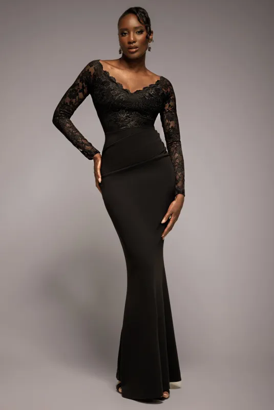 Scalloped Lace Bodice Long Sleeve Bardot Maxi Dress - Black by Goddiva sold by Goddiva