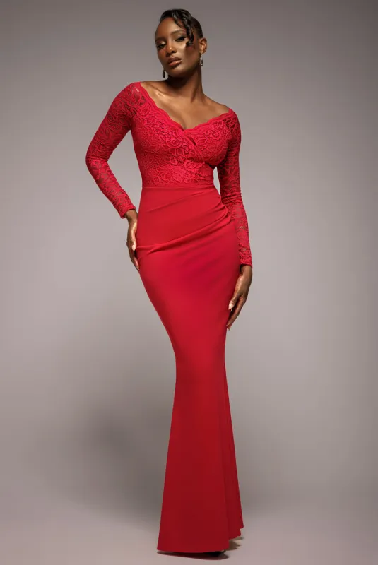 Scalloped Lace Bodice Long Sleeve Bardot Maxi Dress - Red by Goddiva sold by Goddiva