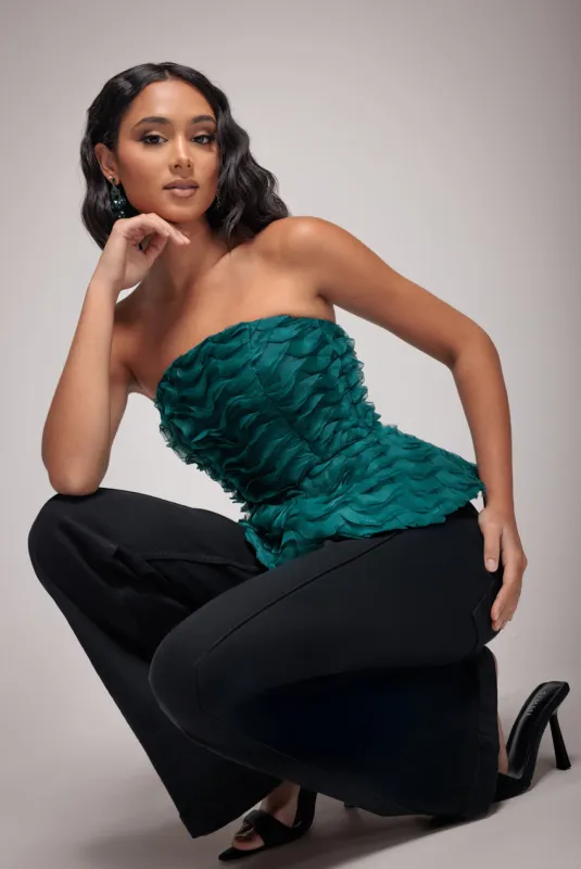 Peplum 3D Textured Boob Tube Lace Up Corset - Emerald Green by Goddiva sold by Goddiva