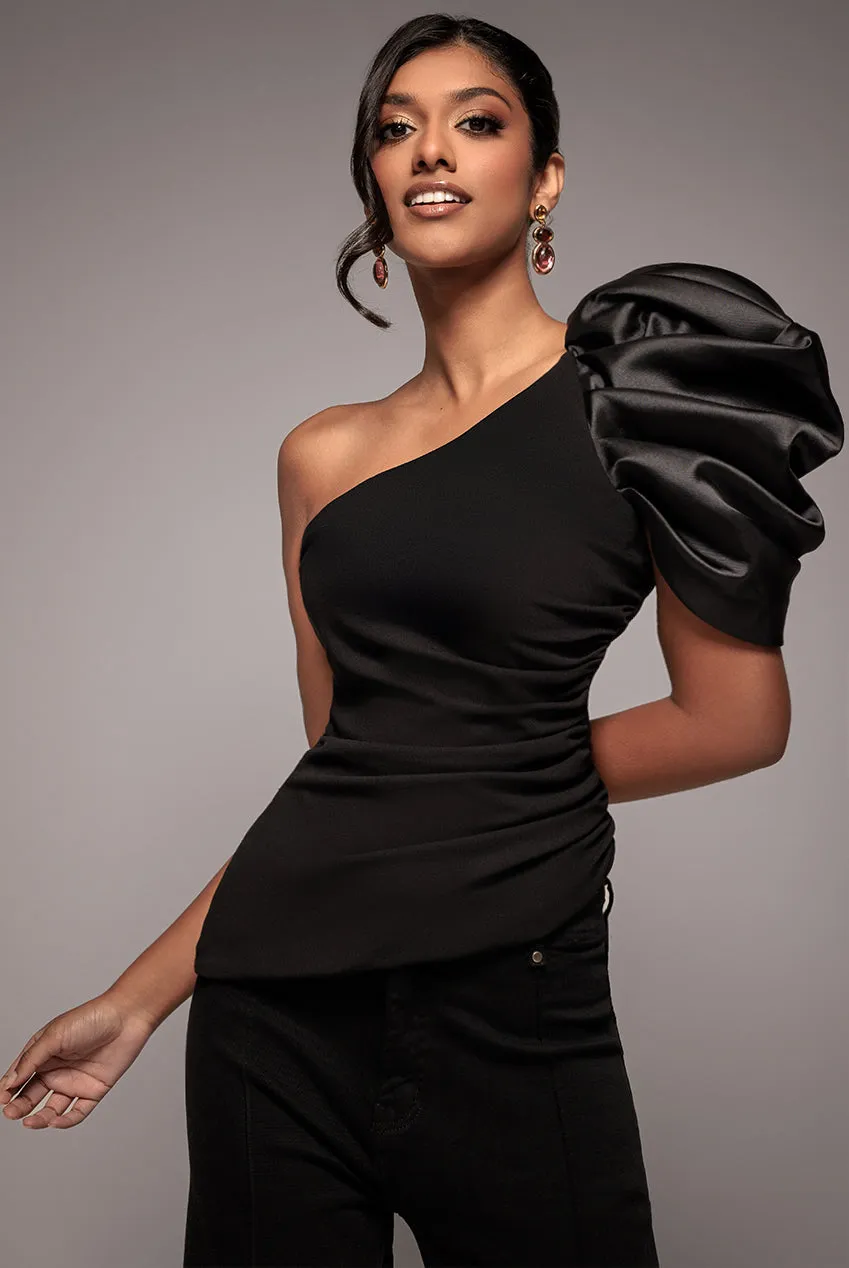 One Shoulder Puffed Satin Sleeve Asymmetric Scuba Top - Black by Goddiva sold by Goddiva
