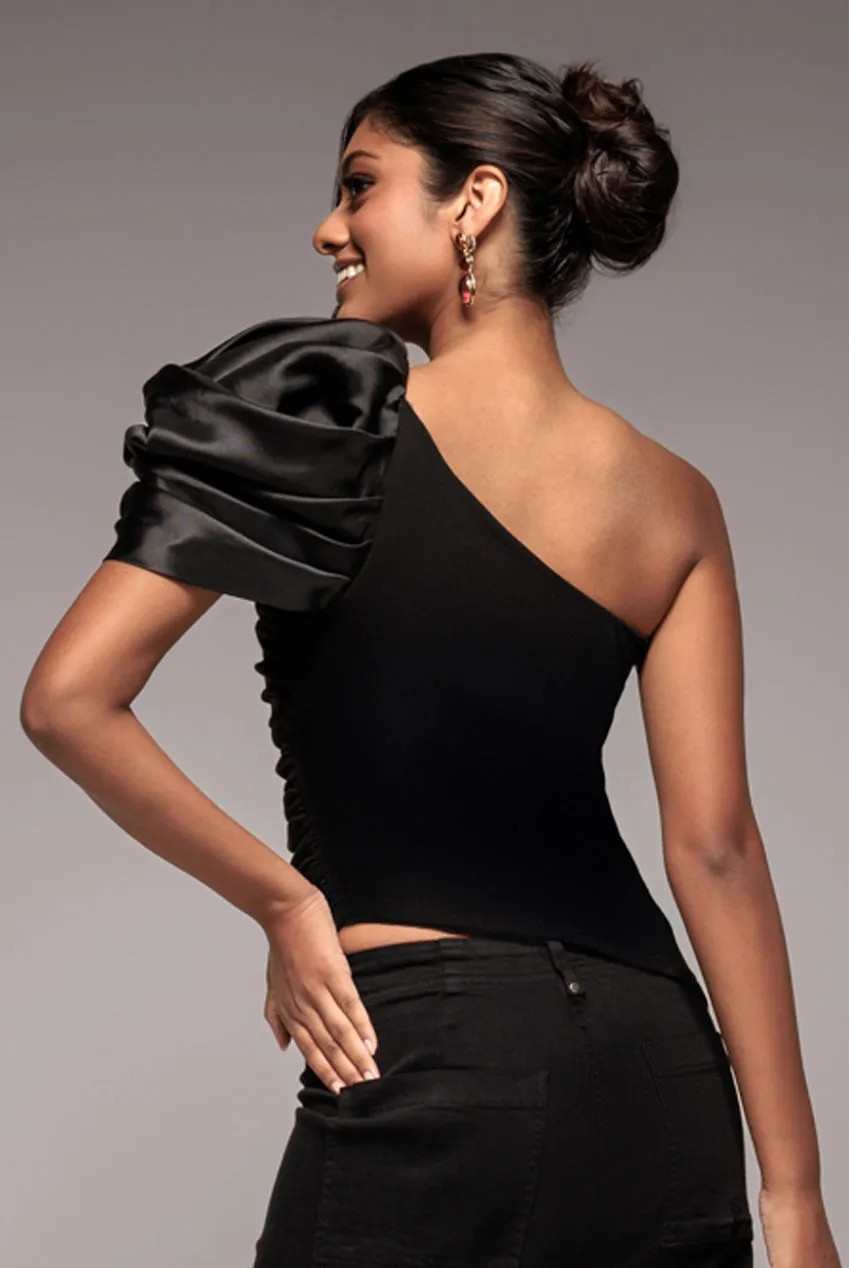 One Shoulder Puffed Satin Sleeve Asymmetric Scuba Top - Black by Goddiva sold by Goddiva product image thumbnail 2