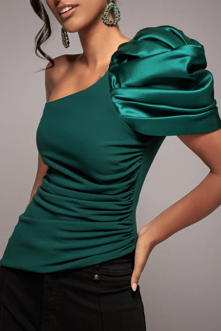 One Shoulder Puffed Satin Sleeve Asymmetric Scuba Top - Emerald Green by Goddiva sold by Goddiva product image thumbnail 3