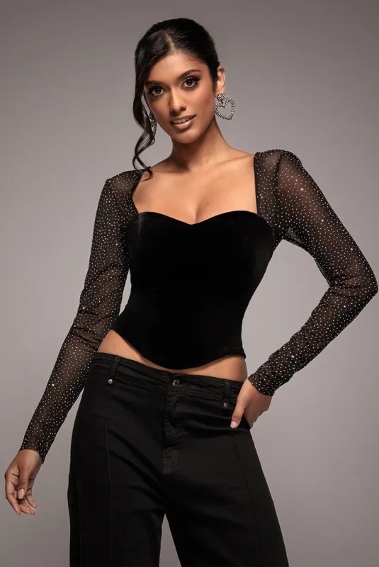 Diamante Long Sleeve Velvet Dipped Hem Top - Black by Goddiva sold by Goddiva