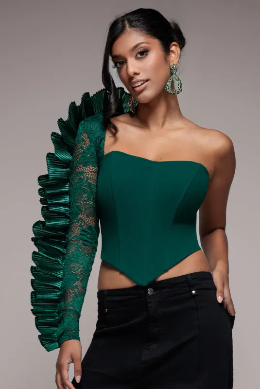One Shoulder Fan Pleat Frill Corset Top - Emerald Green by Goddiva sold by Goddiva