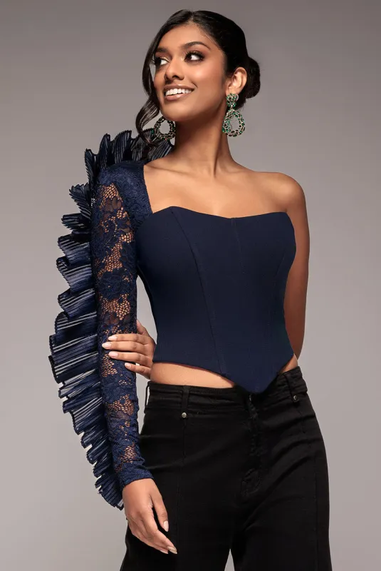 One Shoulder Fan Pleat Frill Corset Top - Navy Blue by Goddiva sold by Goddiva