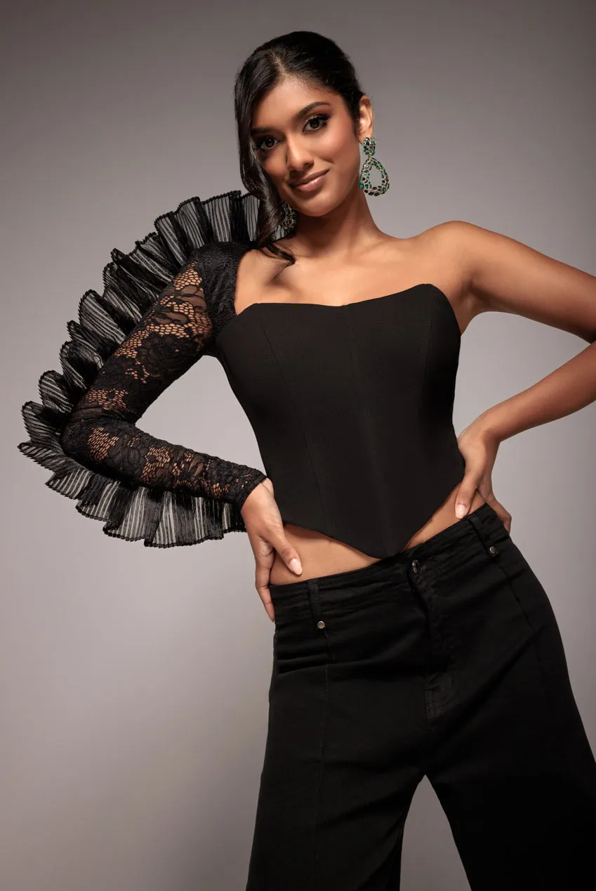 One Shoulder Fan Pleat Frill Corset Top - Black by Goddiva sold by Goddiva