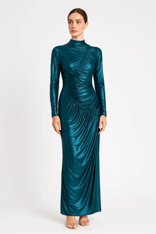 Venechia Foil Bodycon Fit Long Sleeve Maxi Dress by Avinci sold by Goddiva