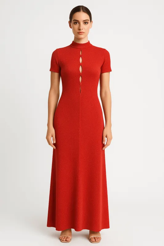 Keyhole Detailed Sparkly Slim Fit High Neckline Maxi Dress by Avinci sold by Goddiva