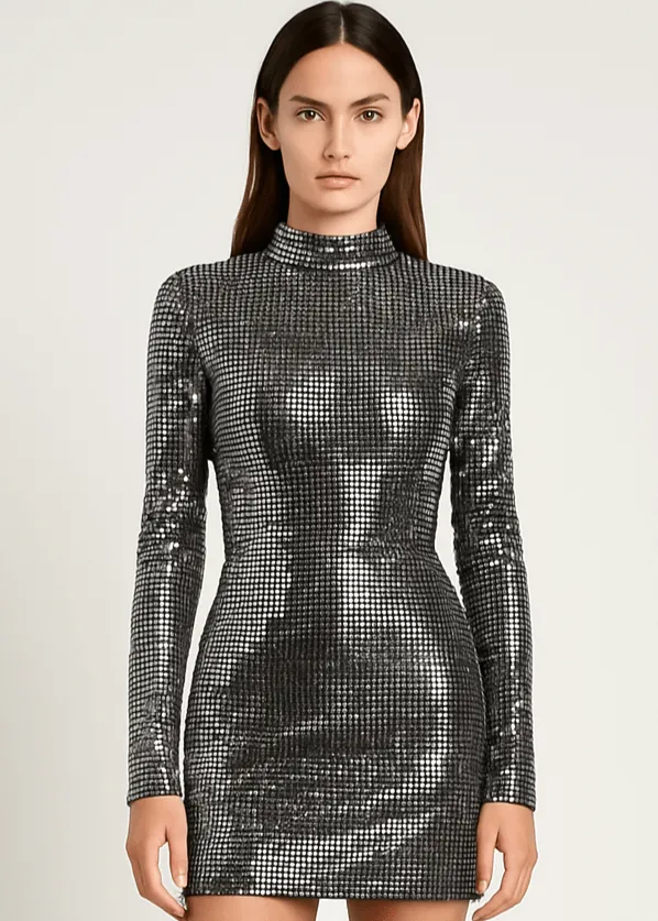 Silver Metallic Sequin Long Sleeve Bodycon Mini Dress by Avinci sold by Goddiva product image thumbnail 2
