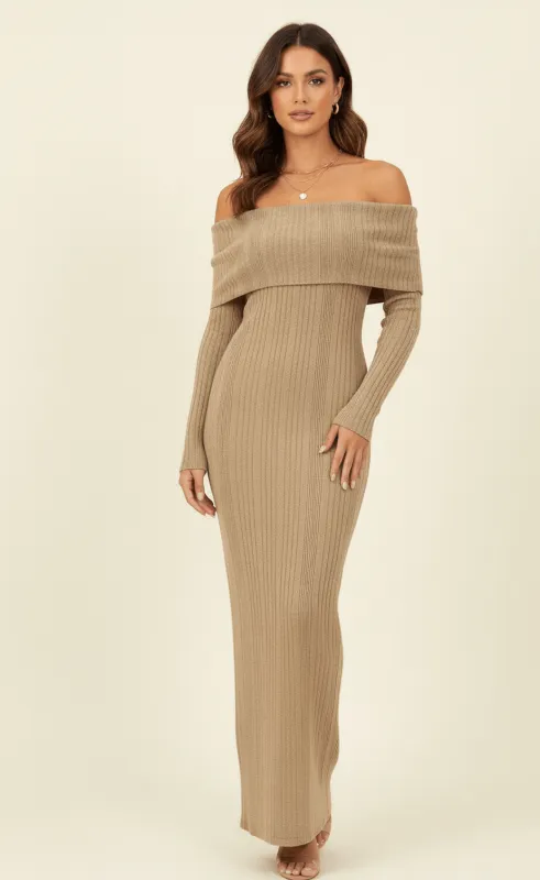 Folded Bardot Neckline Ribbed Knit Off Shoulder Dress by Avinci sold by Goddiva