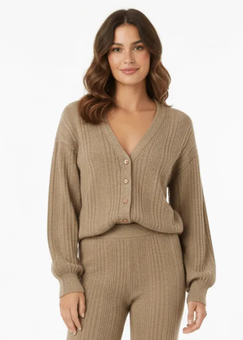 Beige V-Neck Cardigan Matching Wide-Leg Trousers Co-Ord Set by Avinci sold by Goddiva product image thumbnail 2