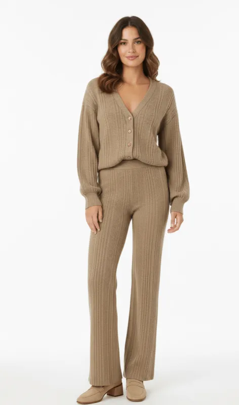 Beige V-Neck Cardigan Matching Wide-Leg Trousers Co-Ord Set by Avinci sold by Goddiva