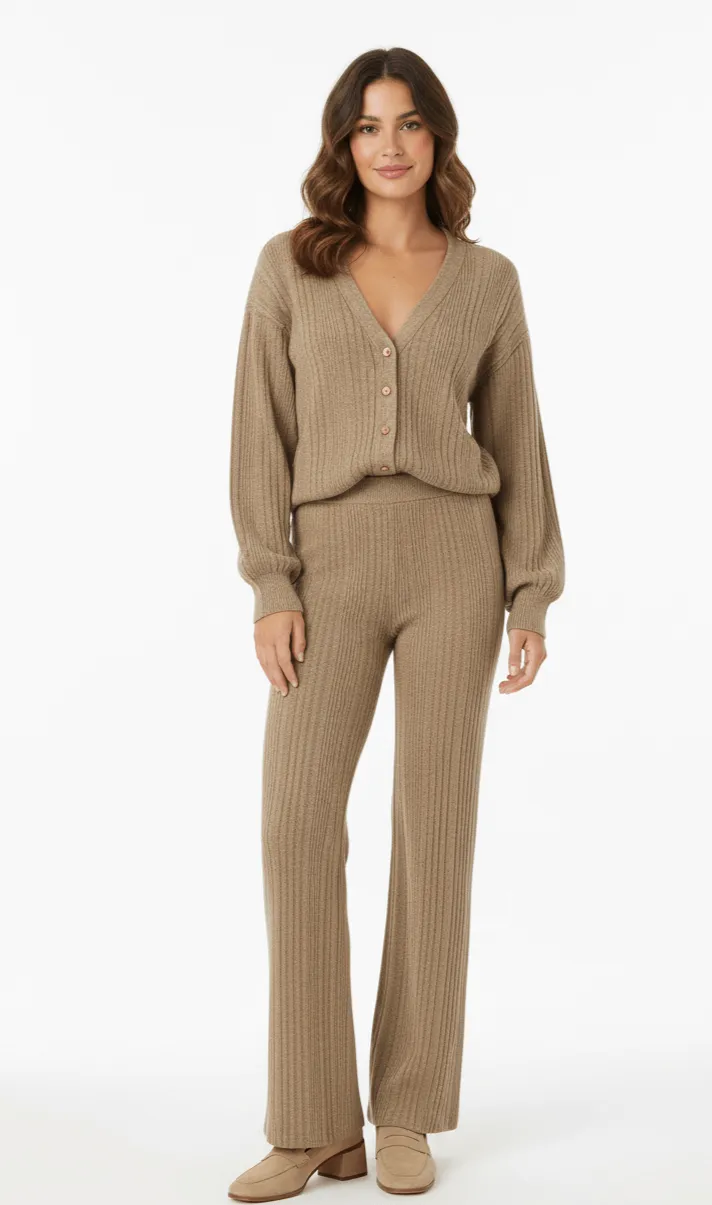 Beige V-Neck Cardigan Matching Wide-Leg Trousers Co-Ord Set by Avinci sold by Goddiva