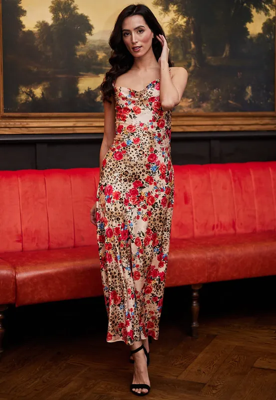 Cowl Neck Cami Dress In Leopard Rose Print by Angeleye sold by Goddiva