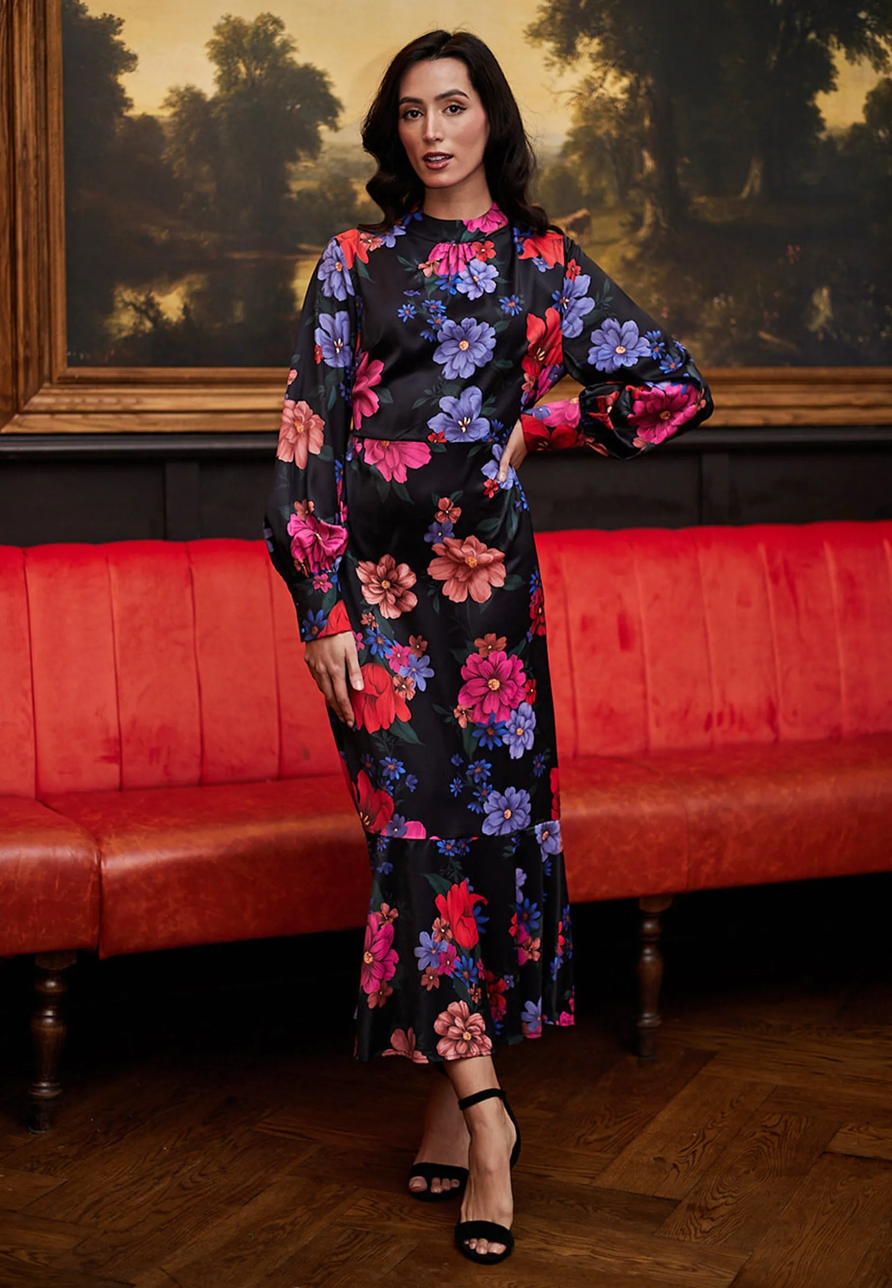 Midi Floral Black Dress by Angeleye sold by Goddiva