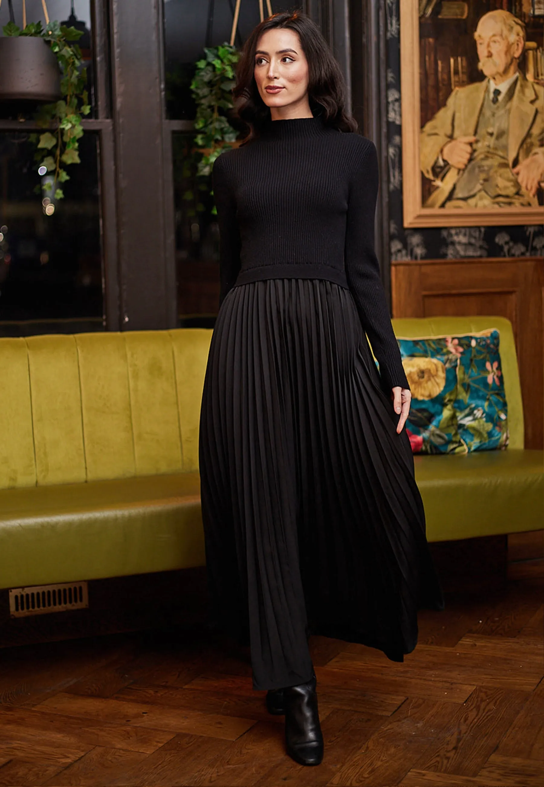 Knit Top And Pleated Skirt Maxi Dress In Black by Angeleye sold by Goddiva product image thumbnail 3