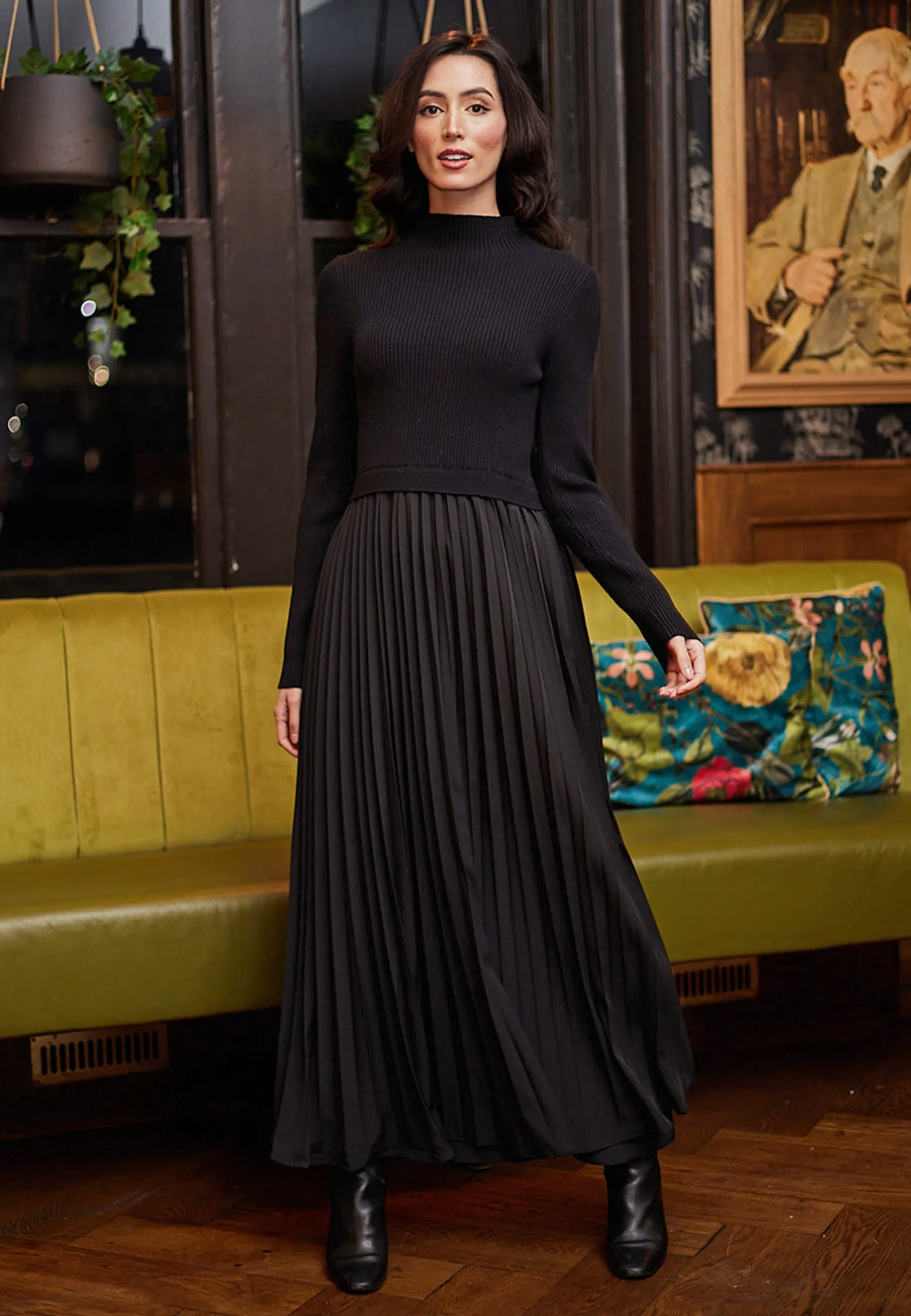Knit Top And Pleated Skirt Maxi Dress In Black by Angeleye sold by Goddiva