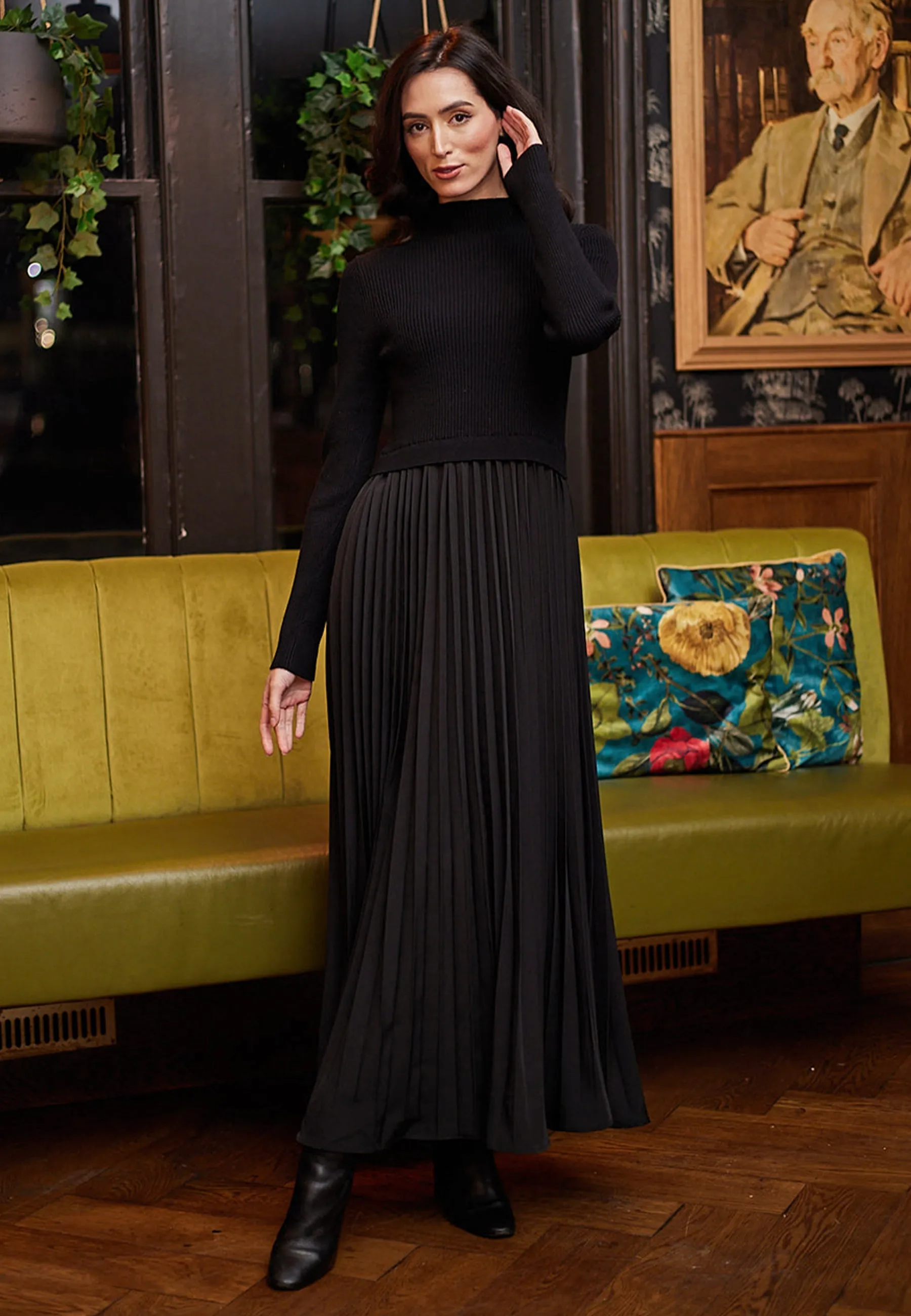 Knit Top And Pleated Skirt Maxi Dress In Black by Angeleye sold by Goddiva product image thumbnail 2