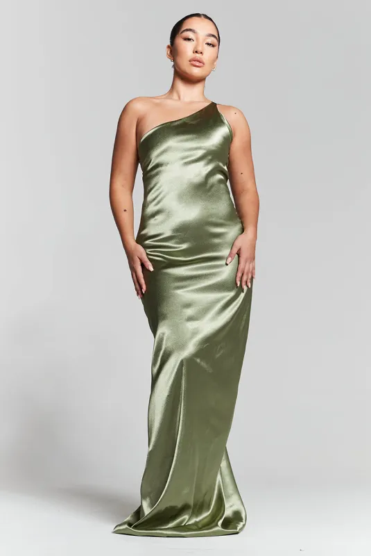 Olive Green One Shoulder Silky Maxi Dress by InFlair sold by Goddiva