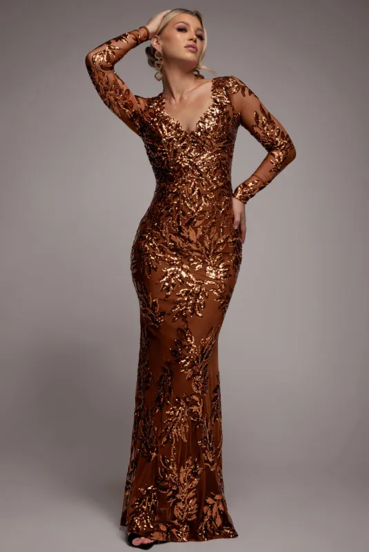 Sequin Leaf Long Sleeve Maxi Dress - Bronze by Goddiva sold by Goddiva