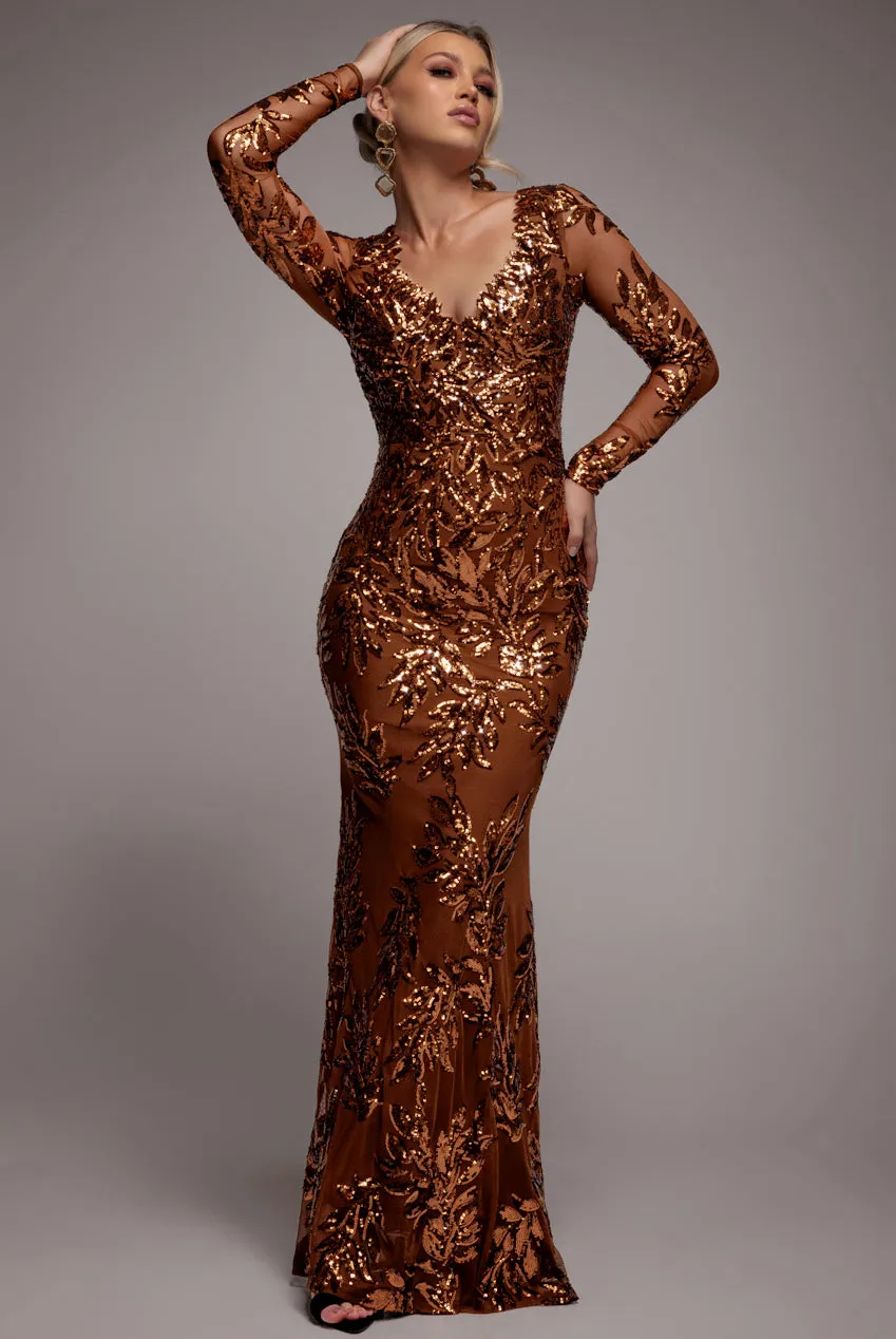 Sequin Leaf Long Sleeve Maxi Dress - Bronze by Goddiva sold by Goddiva