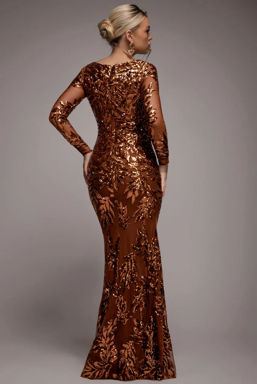 Sequin Leaf Long Sleeve Maxi Dress - Bronze by Goddiva sold by Goddiva product image thumbnail 2